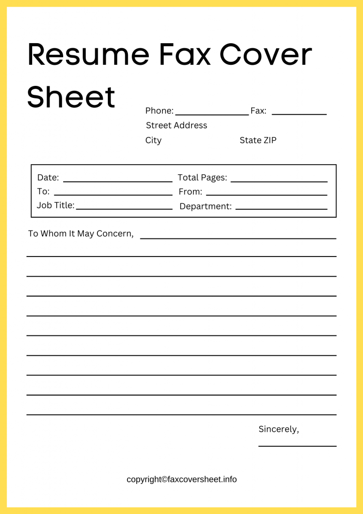 Printable Fax Cover Sheet for Resume