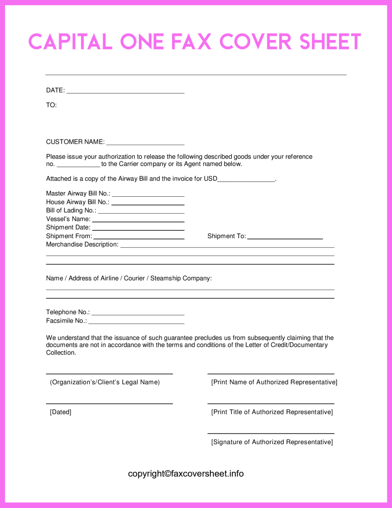 Capital One Fax Cover Sheet Templates Printable in PDF