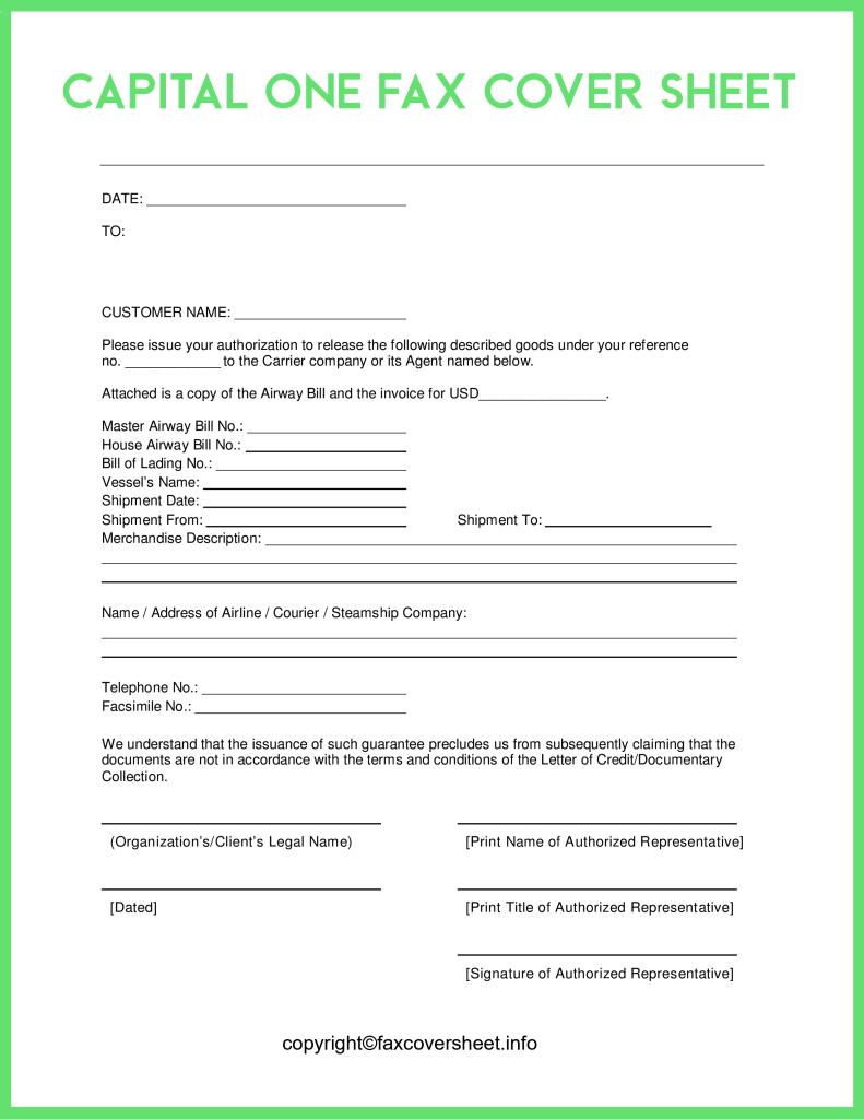 Printable Capital One Fax Cover Sheet in Word