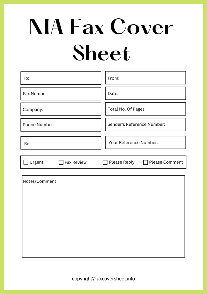 Printable NIA Fax Cover Sheet in Word